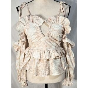 Thurley Salerno Ruffle Blouse White Beige Floral Eyelet Long Sleeve Cropped